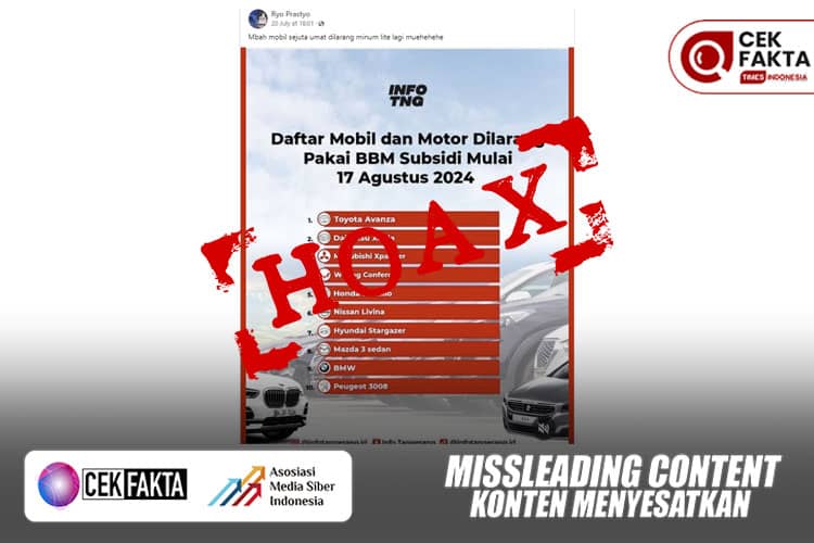 Cek Fakta: Hoaks, Daftar 10 Merek Mobil yang Dilarang Pakai BBM Subsidi Mulai 17 Agustus 2024