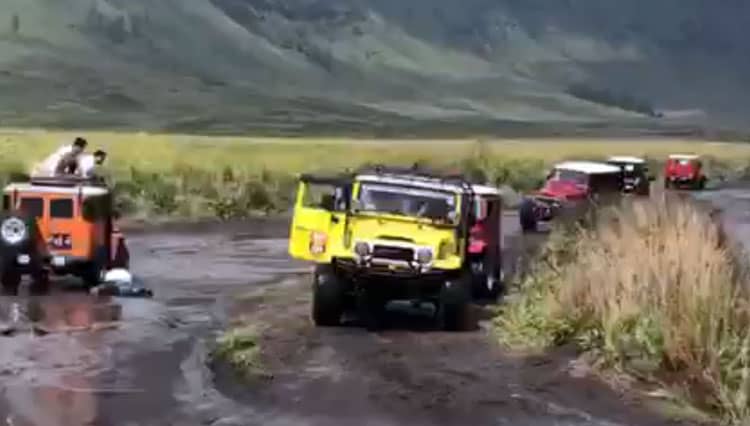 Waduh! Wisatawan Bromo Terpelanting Saat Naik di Atas Atap Jeep