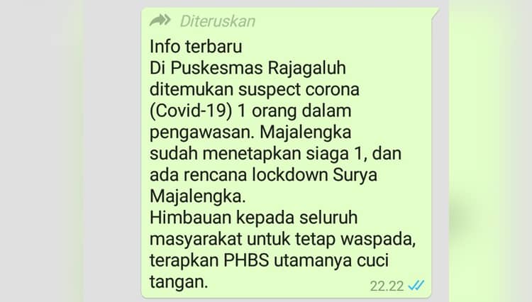 [CEK FAKTA] Hoaks, Puskemas Rajagaluh Temukan ODP Virus Corona dan Rencana Lockdown Surya Majalengka