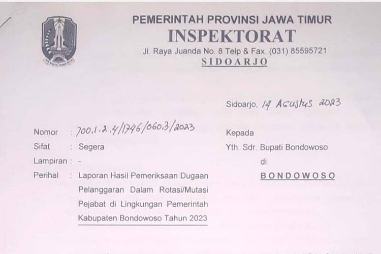Inspektorat Jatim Sebut Rekomendasi Soal Mutasi di Bondowoso Wajib Dilaksanakan