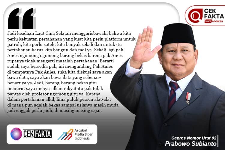 Cek Fakta: Prabowo Subianto Sebut 50 Persen Alusista di Dunia Bekas