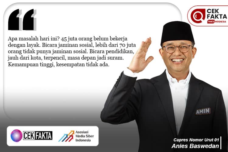 Cek Fakta: Anies Baswedan Klaim 45 Juta Orang Belum Bekerja Layak dan 70 Juta Orang Tidak Miliki Jamsostek