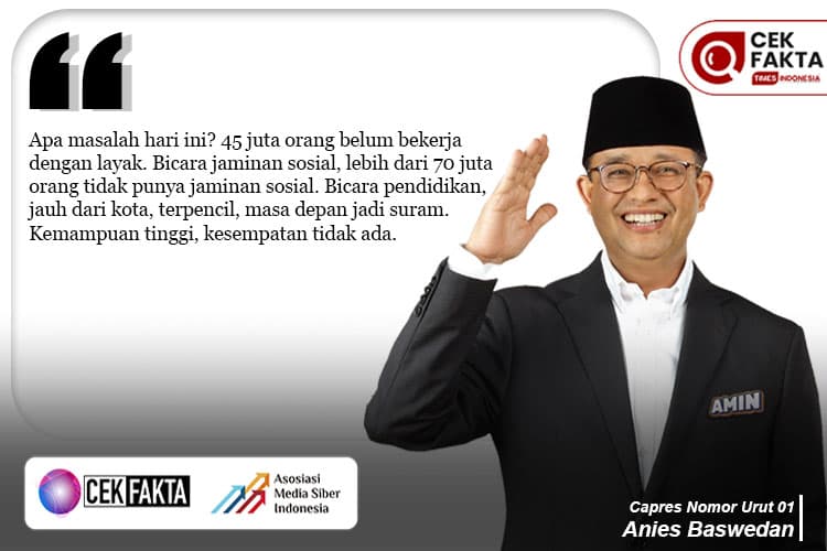 Cek Fakta: Anies Baswedan Klaim 45 Juta Orang Belum Bekerja Layak dan 70 Juta Orang Tidak Miliki Jamsostek