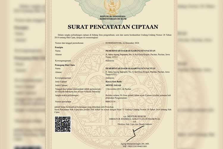 Batik Motif Jagad Hingga Ronthek, 5 Kekayaan Intelektual Komunal Sah Jadi Hak Cipta Pacitan