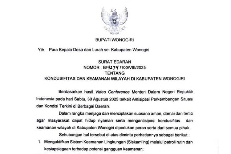 Bupati Wonogiri Imbau Warga Aktifkan Siskamling untuk Jaga Kondusifitas Wilayah