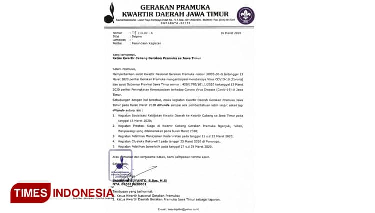Cegah Covid-19, Gerakan Pramuka Kwarda Jatim Tunda Beberapa Kegiatan