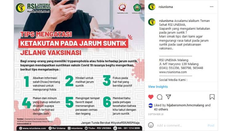 Mau Divaksin, Berikut Tips Atasi Takut Jarum Suntik ala RSI Unisma