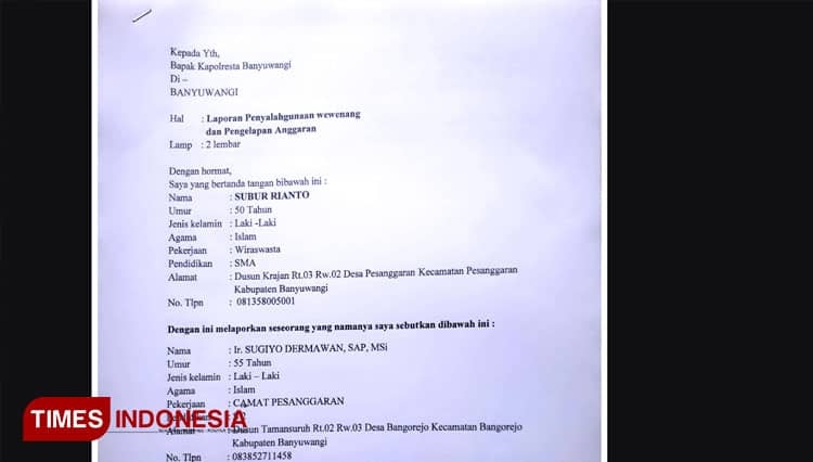 Diduga Korupsi Anggaran Covid-19, Camat Pesanggaran Banyuwangi Dilaporkan ke Polisi
